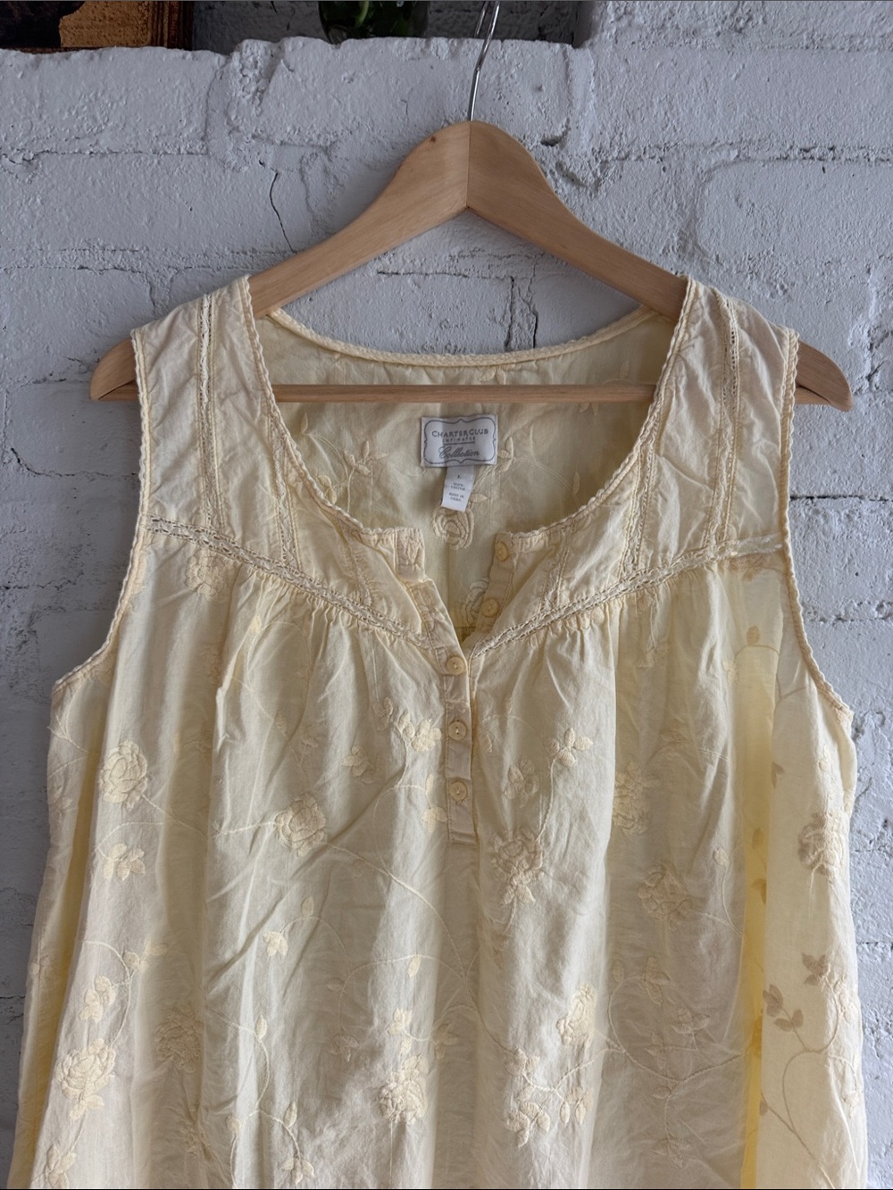 Vintage 100% Cotton Butter Yellow Nightgown with Floral Motif, size L